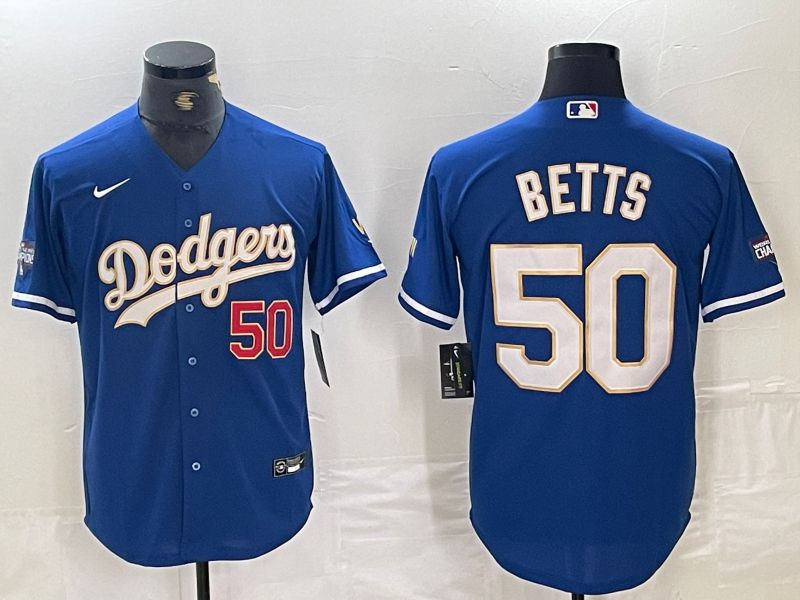Men Los Angeles Dodgers #50 Betts Blue Gold Nike Game MLB Jersey style 1